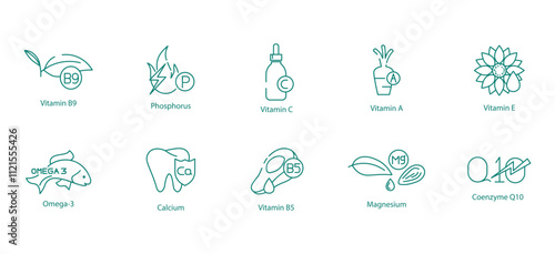 Complete Nutrients Icon Set - Vitamins B9, C, A, E, B5, Phosphorus, Omega-3, Calcium, Magnesium, and Coenzyme-10 for Wellness
