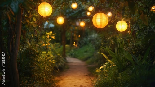 Yellow-orange decorative lights hang over a garden path, casting a soft, golden glow.