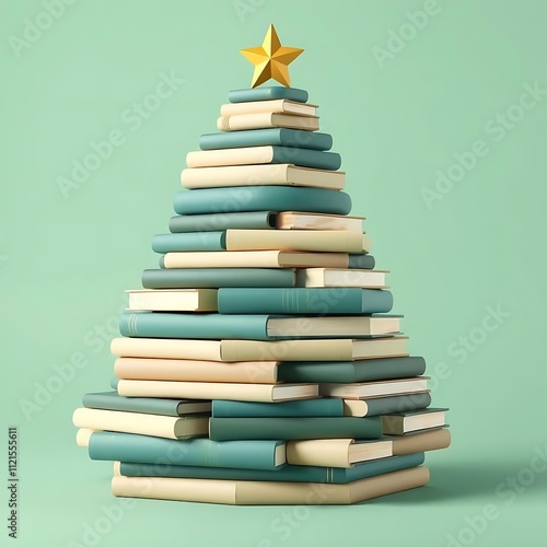 Christmas tree made of books on a green background, , Christmas concept representing the holiday season and reading day,