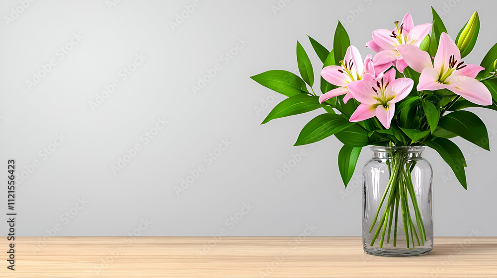 A bouquet of pink lilies arranged in a clear vase sits on a wooden table against a simple gray background. A bouquet of pink lilies arranged in a clear vase sits on a wooden table against a simple gray background.