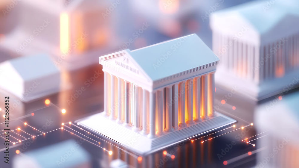 Abstract network of connected bank buildings representing the global fintech ecosystem Abstract network of connected bank buildings representing the global fintech ecosystem