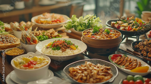 A table filled with a variety many kind of dishes, The meal is served on a light wooden table in restaurant, A beautifully arranged table featuring diverse dishes.