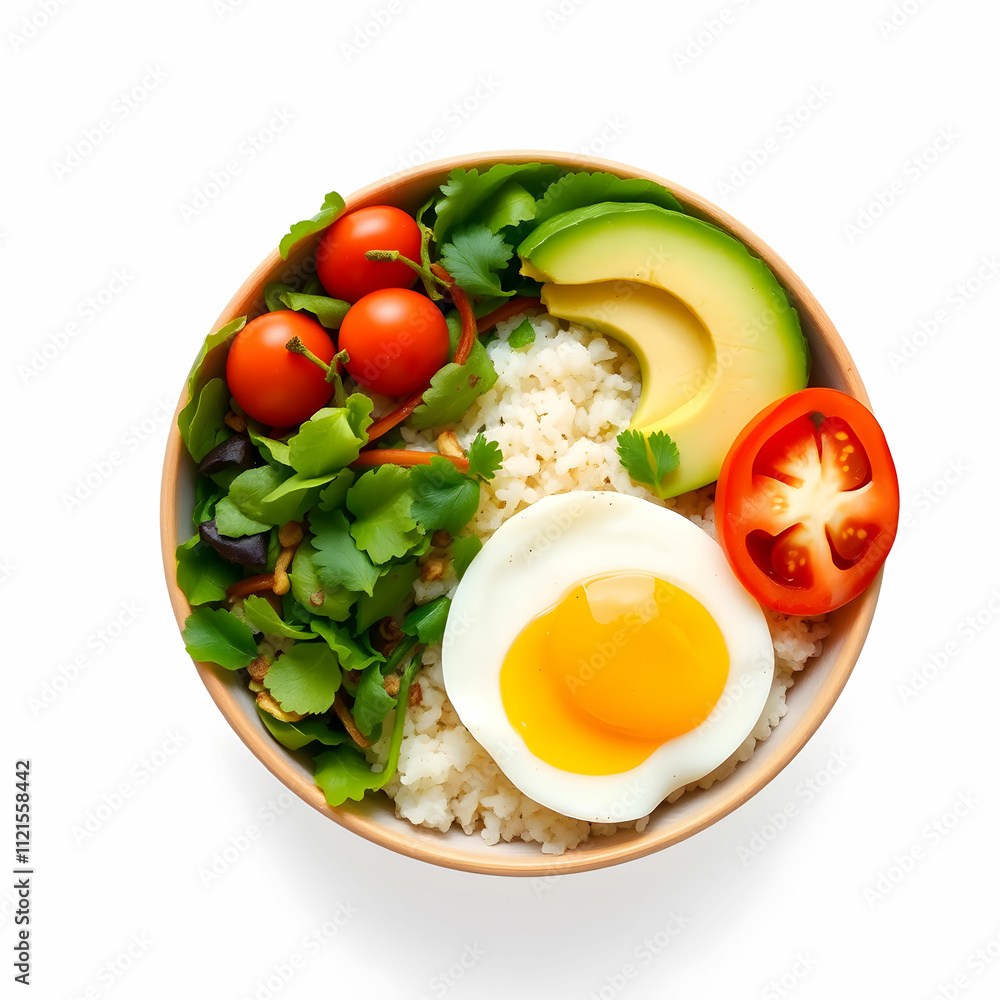 Healthy green vegetarian buddha bowl lunch with eggs, rice, tomato, avocado Healthy green vegetarian buddha bowl lunch with eggs, rice, tomato, avocado