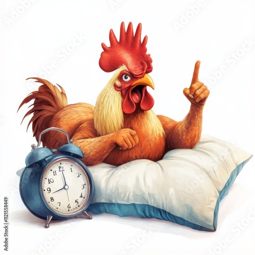 Angry Rooster Waking Up Alarm Clock Pillow Funny Bird Illustration photo