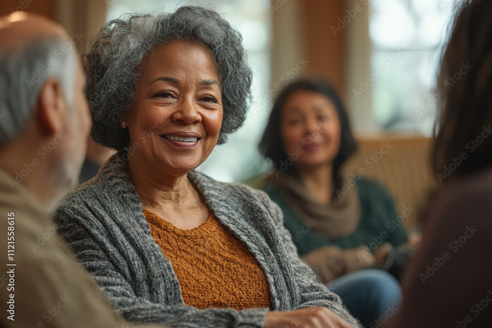 Group of diverse people sitting in a circle, smiling and sharing stories in a cozy room, symbolizing emotional support and connection. Group of diverse people sitting in a circle, smiling and sharing stories in a cozy room, symbolizing emotional support and connection.