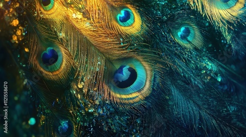 capturing the vibrant colors of peacock feathers. The intricate patterns and shimmering colors of blue, green,
