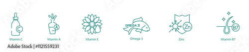 Health Boost Icon Set - Vitamin C, Vitamin A, Vitamin E, Omega-3, Zinc, and Vitamin B7 for Vitality