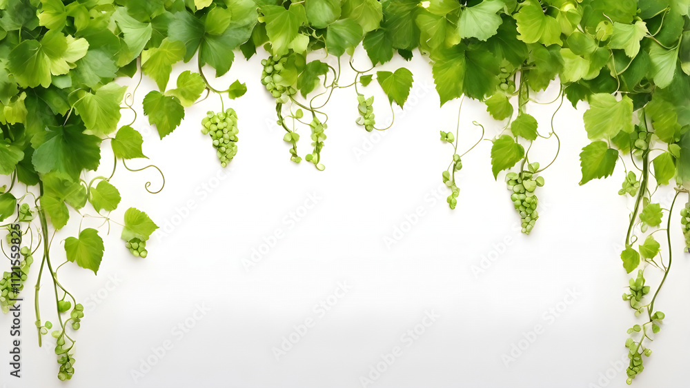 Lush green grapevine leaves gracefully lining the edges, isolated on a bright white background.grapevine border, border grape leaves, green grapevine. Lush green grapevine leaves gracefully lining the edges, isolated on a bright white background.grapevine border, border grape leaves, green grapevine.