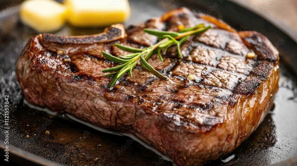 A golden-brown grilled steak resting on a hot skillet, with melting butter and aromatic rosemary sprigs A golden-brown grilled steak resting on a hot skillet, with melting butter and aromatic rosemary sprigs