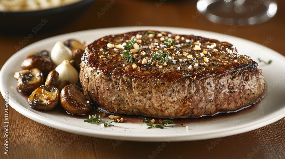 A hearty steak dinner on a wooden table, with a well-cooked steak accompanied by roasted garlic, saut mushrooms, and a glass of wine A hearty steak dinner on a wooden table, with a well-cooked steak accompanied by roasted garlic, saut mushrooms, and a glass of wine