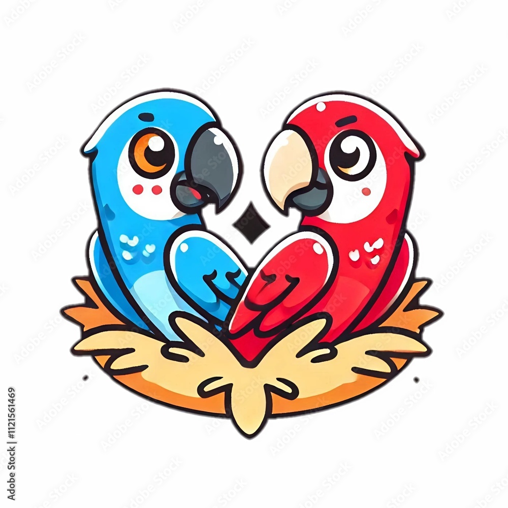 Obraz premium Illustration Two parrots with striking feather colors, blue and red, are perched affectionately in a heart-shaped nest.