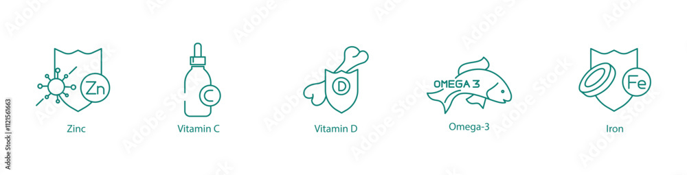 Obraz premium Essential Nutrients Vector Icon Set - Zinc, Vitamin C, Vitamin D, Omega-3, and Iron for Health and Wellness