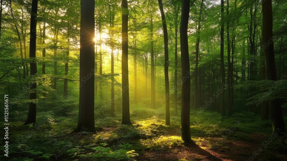 Naklejka premium Sunlit forest path, green canopy, mossy ground.