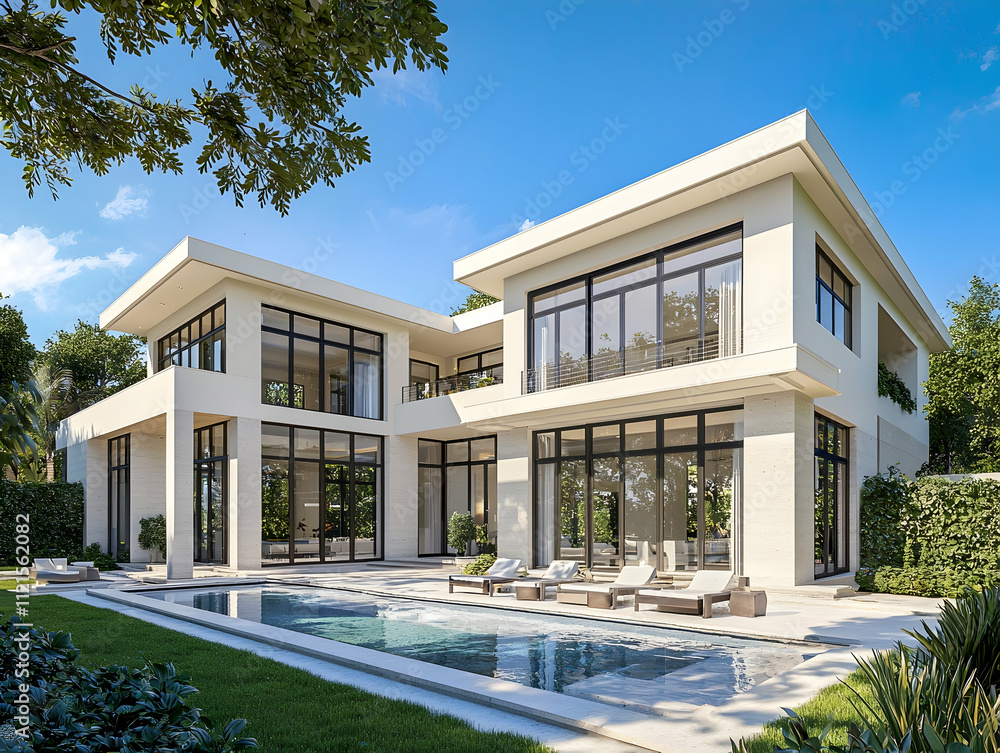 A modern two-story house with large windows, glass doors, and white walls is situated in the garden of an urban area A modern two-story house with large windows, glass doors, and white walls is situated in the garden of an urban area