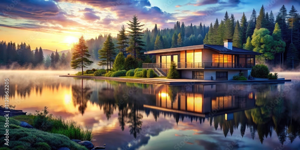 Fototapeta premium Misty Dawn Lake House Reflection - Serene Modern Architecture Aerial Photography