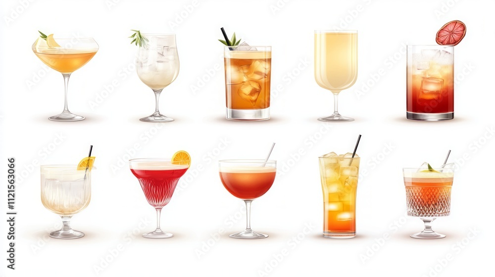 Collection of twelve diverse cocktails in various glasses. Collection of twelve diverse cocktails in various glasses.