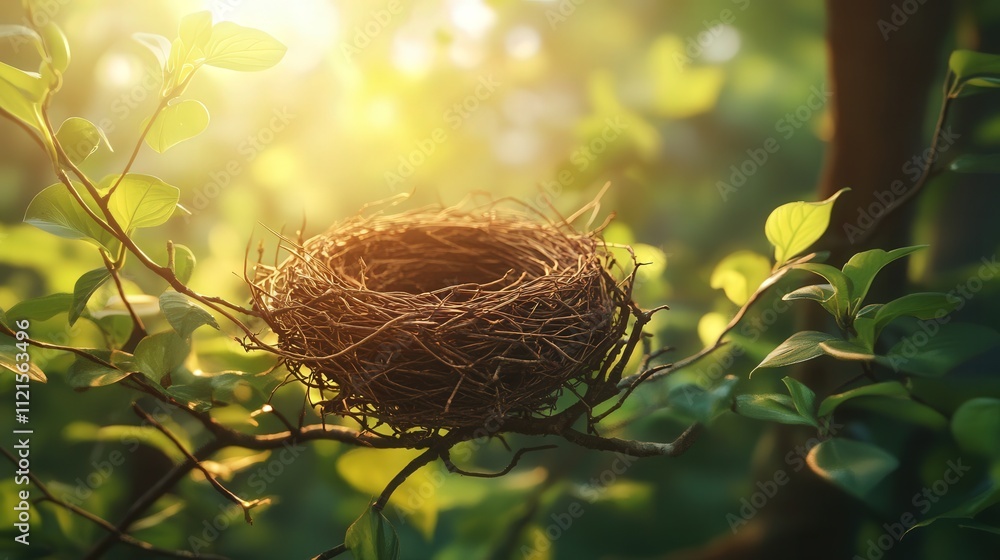 photo of a bird's nest sitting on a strong branch. The nest is carefully constructed from twigs, surrounded by fresh green leaves.