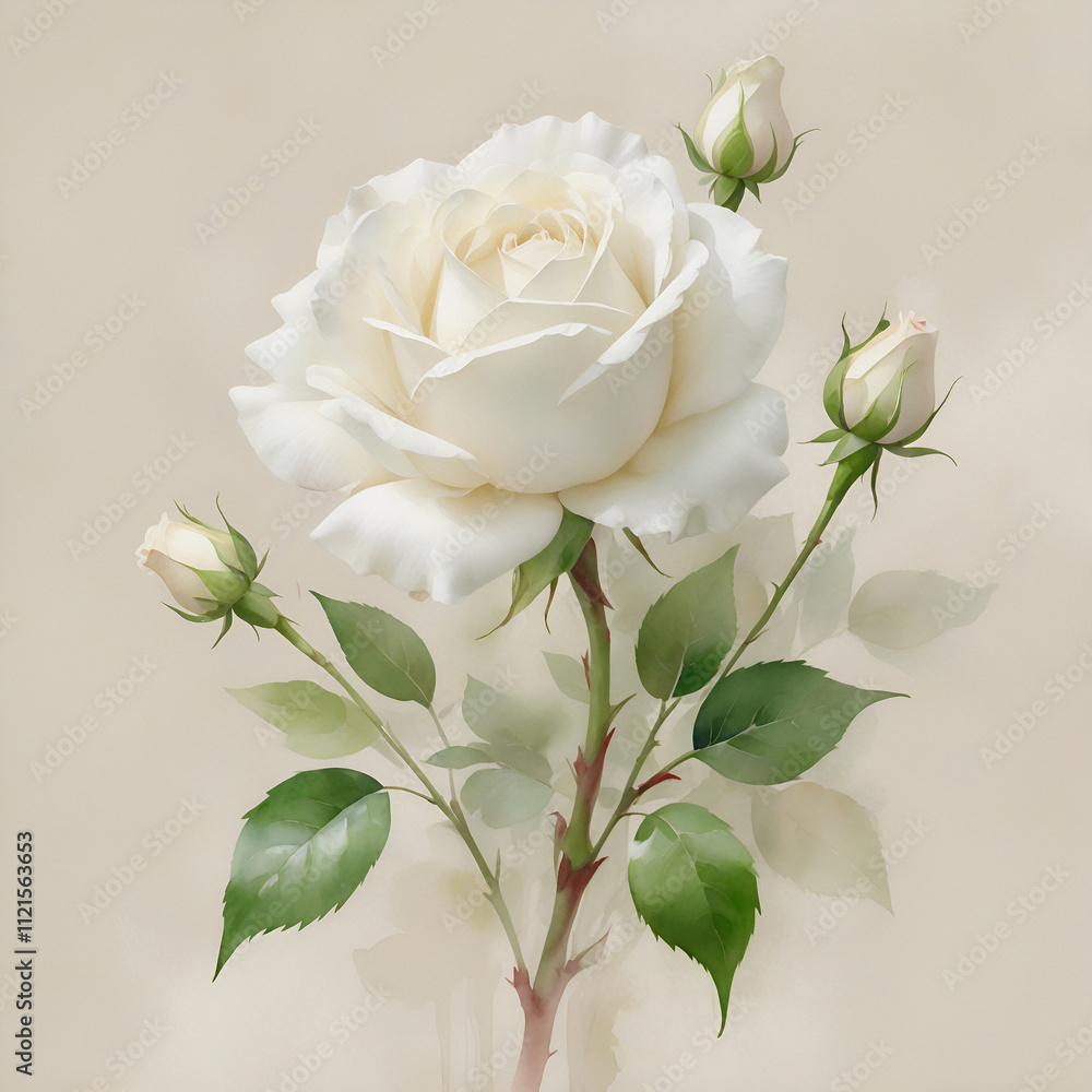 Obraz premium White Rose. Watercolor painting of a delicate white rose on a soft beige background. Elegant and timeless floral artwork, perfect for adding a touch of natural beauty.