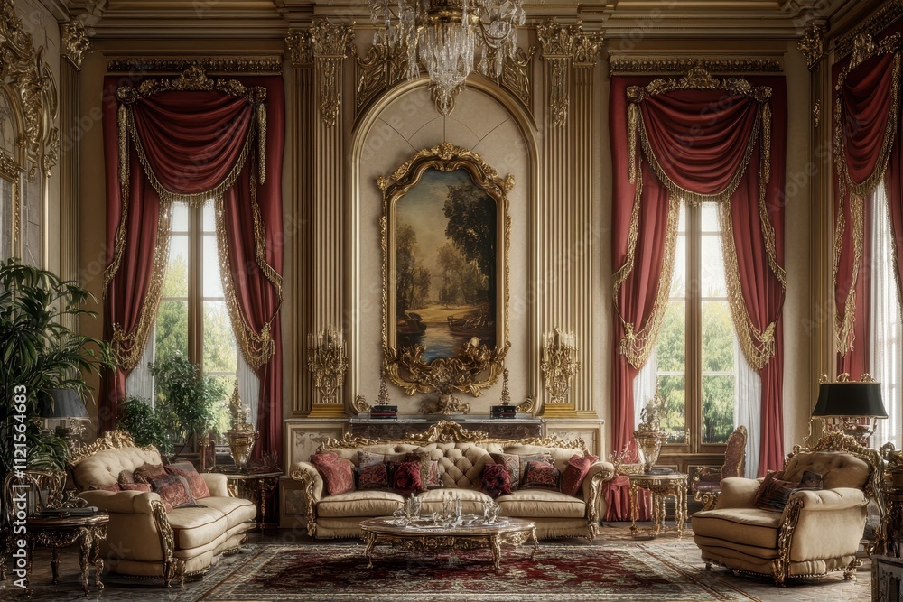 Ornate Living Room with Gold Accents and Red Curtains Ornate Living Room with Gold Accents and Red Curtains