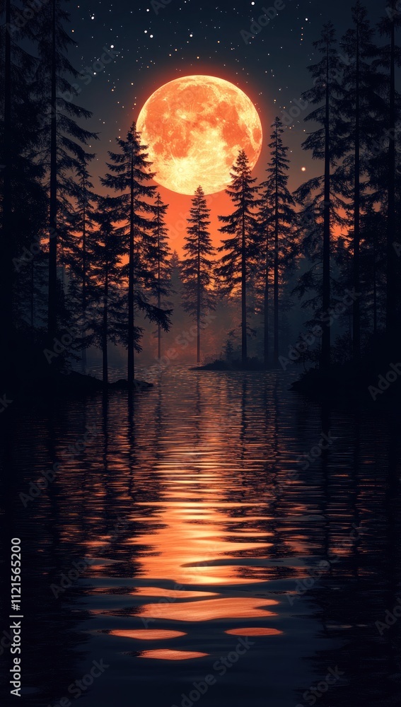 Here's a possible and keyword list for your image.. Blood Moon over tranquil forest lake at night. Here's a possible and keyword list for your image.. Blood Moon over tranquil forest lake at night.