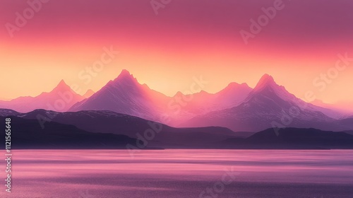 Pink sunset over calm lake, majestic mountains.