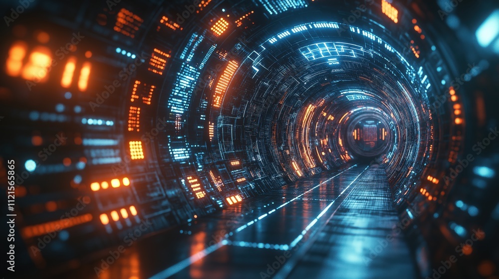 A futuristic tunnel with a blue and orange glow A futuristic tunnel with a blue and orange glow
