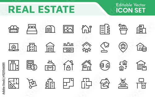 Real Estate Icon Set. A comprehensive collection of stylish and professional icons designed for the real estate industry, perfect for enhancing property listings, websites, and marketing materials.