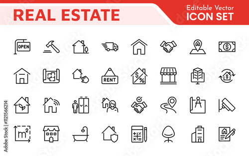 Real Estate Icon Set. A comprehensive collection of stylish and professional icons designed for the real estate industry, perfect for enhancing property listings, websites, and marketing materials.