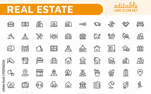 Real Estate Icon Set. A comprehensive collection of stylish and professional icons designed for the real estate industry, perfect for enhancing property listings, websites, and marketing materials.