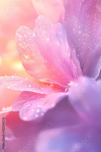 Close-Up of Vibrant Pink Flower Petals with Dew Drops Against a Soft Colorful Background - Nature Beauty and Freshness