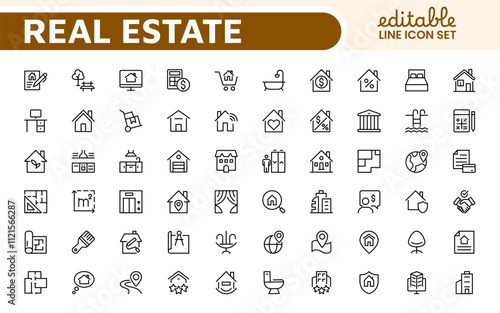 Real Estate Icon Set. A comprehensive collection of stylish and professional icons designed for the real estate industry, perfect for enhancing property listings, websites, and marketing materials.