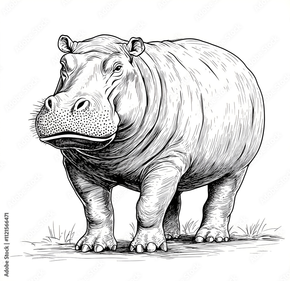 Fototapeta premium Black and white vector line drawing of an adult hippopotamus, full body standing on all four legs, white background