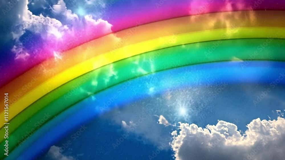 Rainbow Dreams: A vibrant rainbow arcs through a sky filled with fluffy clouds, bathed in a warm, ethereal glow. This dreamy image evokes feelings of hope, joy, and optimism. 