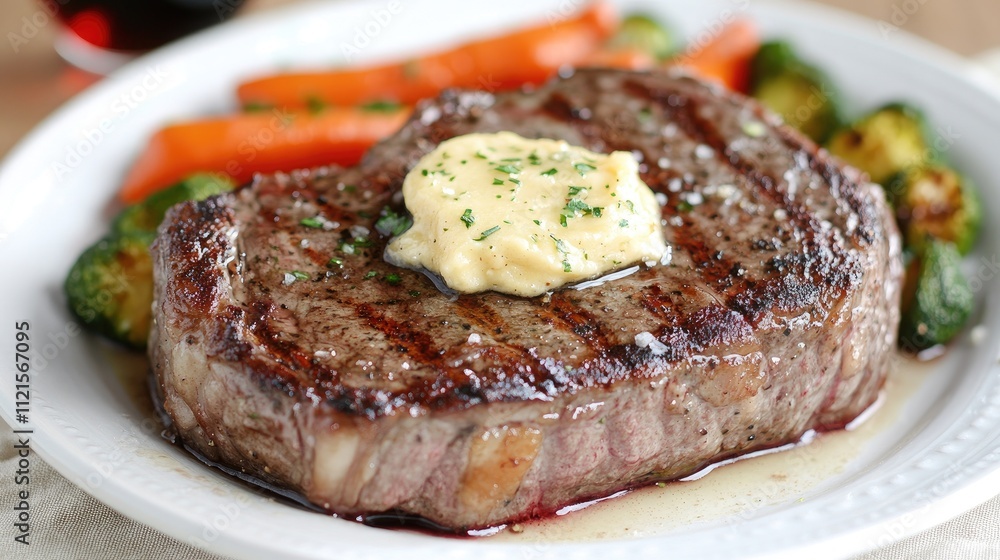 A perfectly cooked steak topped with a dollop of garlic butter, served with roasted vegetables and a glass of red wine in the background A perfectly cooked steak topped with a dollop of garlic butter, served with roasted vegetables and a glass of red wine in the background