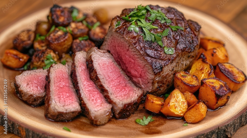 A perfectly grilled steak with a golden brown crust, garnished with fresh herbs and a side of roasted vegetables on a rustic wooden plate A perfectly grilled steak with a golden brown crust, garnished with fresh herbs and a side of roasted vegetables on a rustic wooden plate