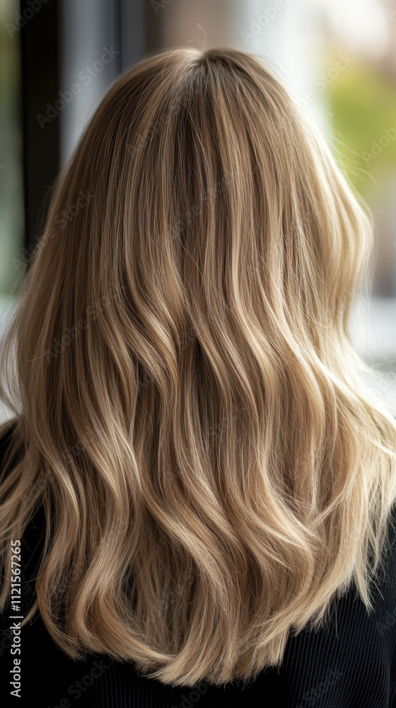 Naklejka premium Long wavy blonde hair with soft highlights and natural shine