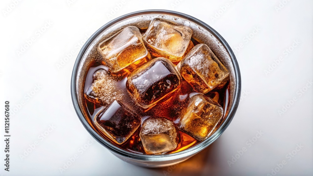 Refreshing Cola with Ice Cubes in a Glass - Top View, Isolated on White Background for Beverage and Summer Refreshment Concepts Refreshing Cola with Ice Cubes in a Glass - Top View, Isolated on White Background for Beverage and Summer Refreshment Concepts