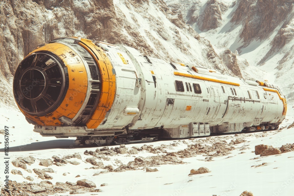 Exploration of abandoned spacecraft in icy mountain terrain digital art futuristic environment high angle view Exploration of abandoned spacecraft in icy mountain terrain digital art futuristic environment high angle view