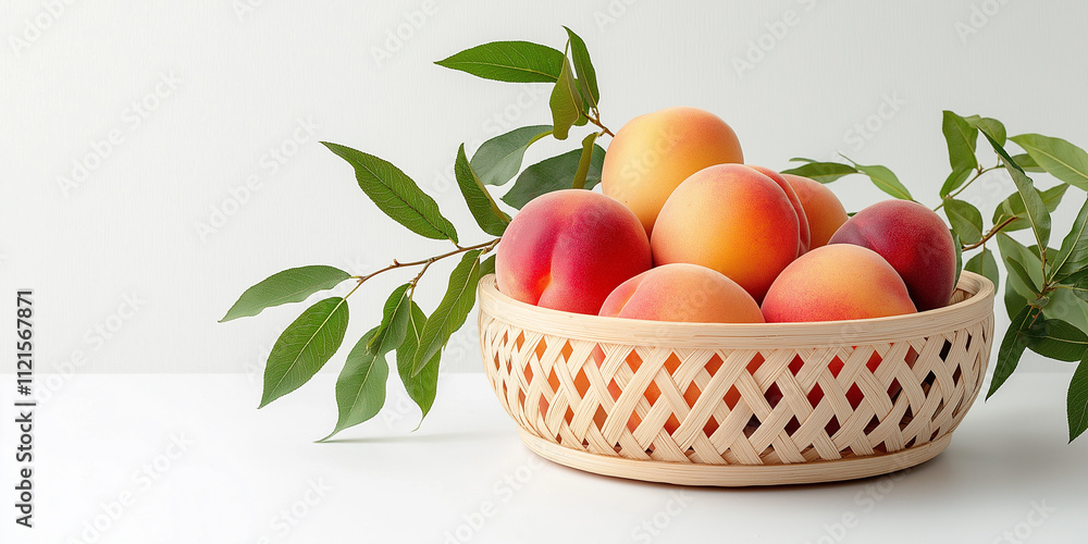 Round basket with peaches and plums, on a white background Round basket with peaches and plums, on a white background