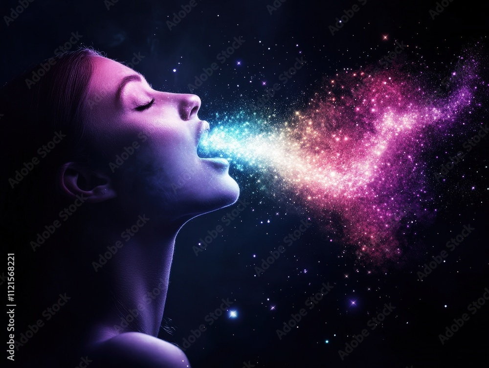 A vibrant depiction of a woman exhaling colorful cosmic energy, blending elements of beauty and the universe in a surreal artistic expression. A vibrant depiction of a woman exhaling colorful cosmic energy, blending elements of beauty and the universe in a surreal artistic expression.