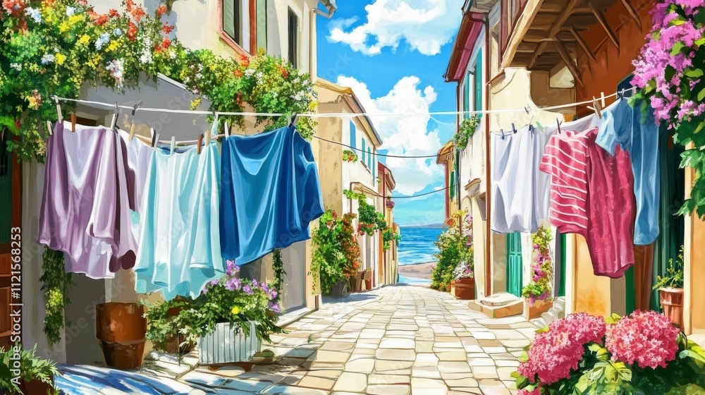 Obraz premium Mediterranean Coastal Town Alleyway with Colorful Houses and Clothes Drying