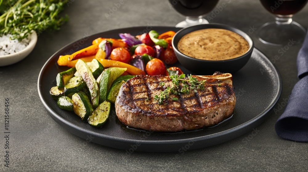 A plated steak with a juicy center, topped with fresh herbs, and served with a side of vegetables and a rich sauce A plated steak with a juicy center, topped with fresh herbs, and served with a side of vegetables and a rich sauce