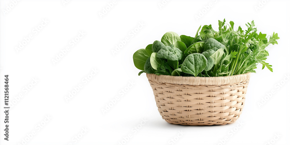 Straw basket with spinach and kale, isolated on white background Straw basket with spinach and kale, isolated on white background