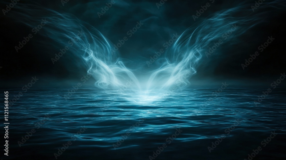 A mystical, ethereal glow emerges from dark waters, resembling wings or a spirit, creating a serene and enchanting atmosphere. A mystical, ethereal glow emerges from dark waters, resembling wings or a spirit, creating a serene and enchanting atmosphere.