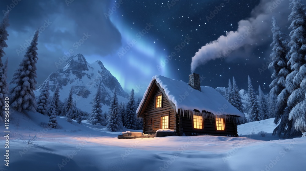 Cozy snow-covered cabin in winter forest under northern lights with mountain backdrop serene holiday atmosphere warm glowing windows Cozy snow-covered cabin in winter forest under northern lights with mountain backdrop serene holiday atmosphere warm glowing windows