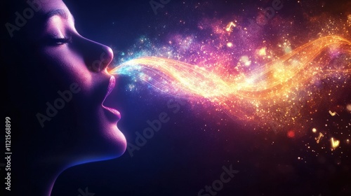 A silhouette of a person exhaling colorful cosmic swirls, symbolizing creativity and expression in a vibrant, dreamlike atmosphere.