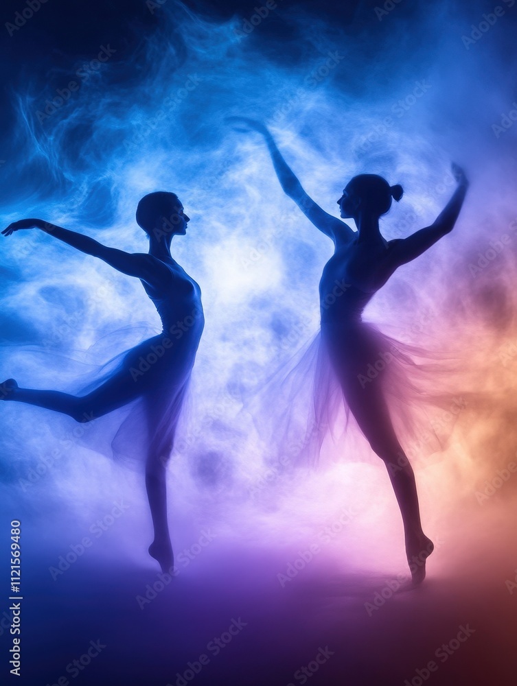 Fototapeta premium Two silhouettes of dancers grace a colorful, smoky backdrop, showcasing elegance and movement in a captivating performance.