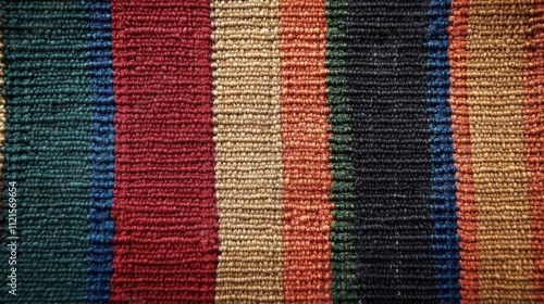 Textured woven fabric with vibrant stripes showcasing rich colors and intricate patterns from a local artisan market