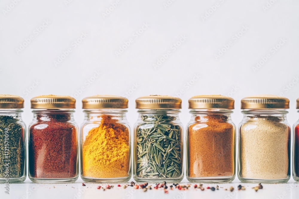 Small Glass Jars with Colorful Spices and Herbs Small Glass Jars with Colorful Spices and Herbs