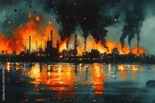 Industrial fire incident at oil refinery nighttime disaster scene urban landscape dramatic atmospheric viewpoint